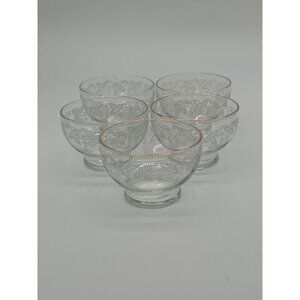 Set of 5 Bartlett Collins Grape Leaf Gold Rimmed Etched Glass Pudding Cup